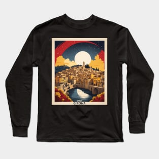 Girona Spain Starry Night Travel Tourism Retro Vintage Art Long Sleeve T-Shirt